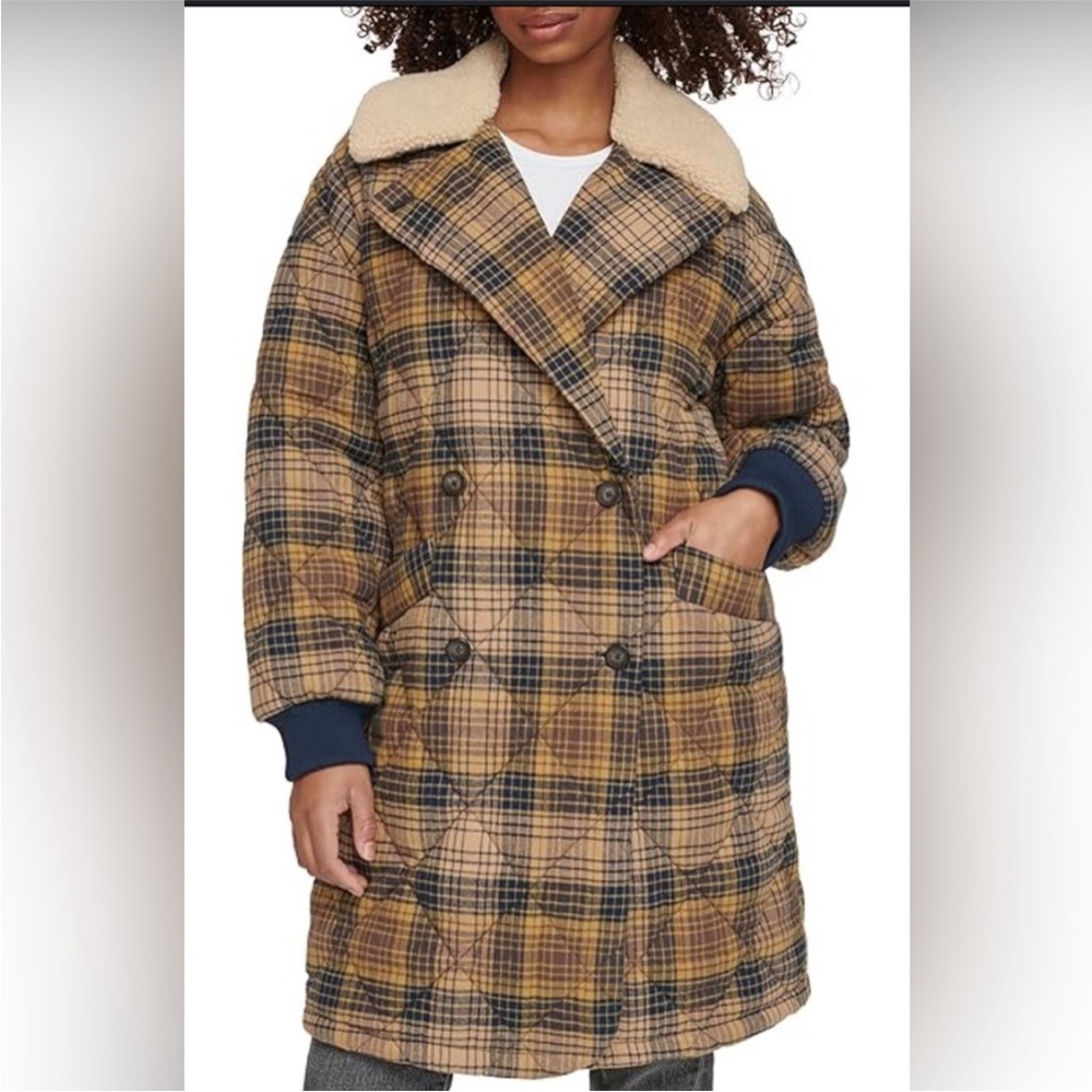 NWT Levi's Quilted Cocoon double breasted lined plaid Coat Sherpa collar medium